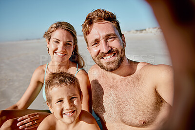 Buy stock photo Family, selfie and beach with smile, kid and summer sunshine on vacation, bonding and happy together. Mom, dad and child in digital picture by seaside, ocean and sand on holiday for sun in Cancun