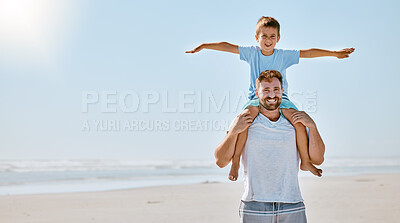 Buy stock photo Father carry boy, portrait and beach for bonding, vacation or spend quality time together. Family, man and male child travelling, happiness or loving on seaside, holiday or coastline trip with mockup
