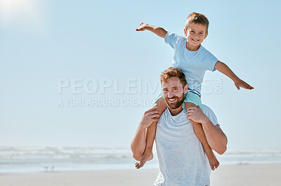 Buy stock photo Father, kid and piggy back at beach on vacation, holiday or trip mock up. Family love, care and portrait of man bonding with boy while carrying him on shoulders, having fun and enjoying time together