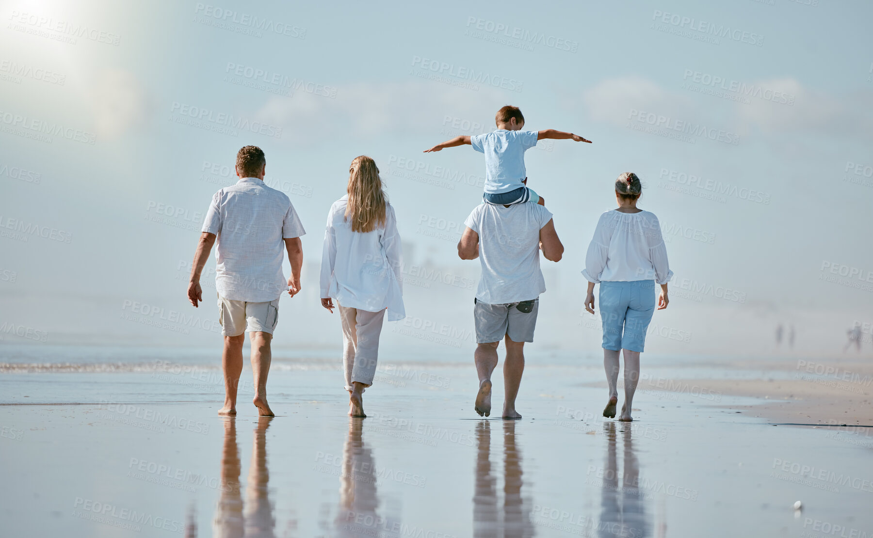 Buy stock photo Family, beach and travel with love and generations, together on vacation in Australia, sea and back view. Holiday, summer and sun, parents, grandparents and child, quality time outdoor and adventure.