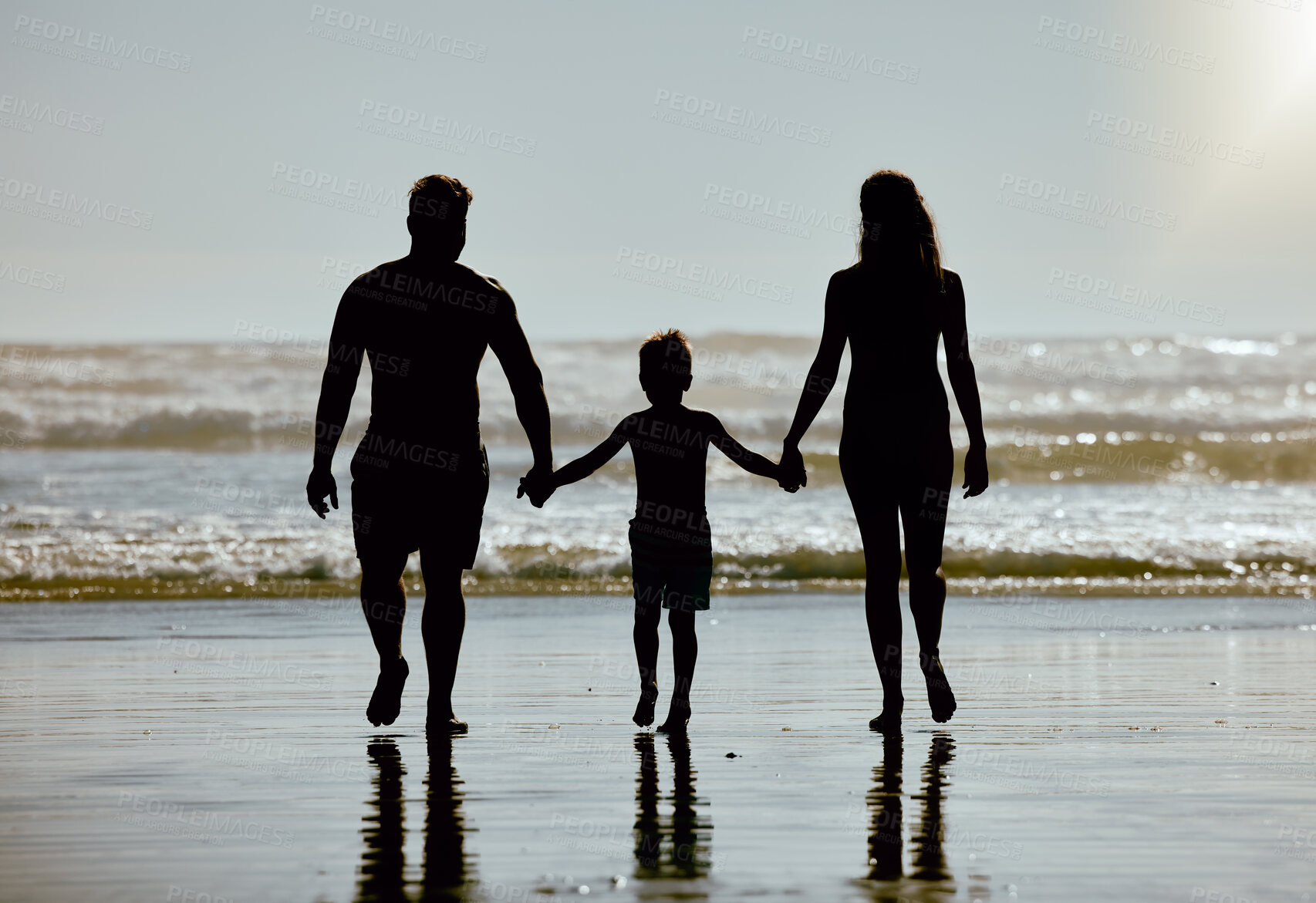 Buy stock photo Beach, holding hands and family with child, mother, and father silhouette walking in ocean water on sky mockup for summer. Holiday, vacation and parents shadow in support, love and care of kid by sea