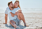 Love, hug and couple on beach holiday, vacation or summer trip outdoors. Portrait, care and happy man and woman embrace, cuddle and hugging while enjoying quality time together on sandy seashore.