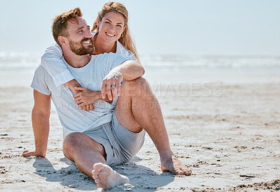 Buy stock photo Love, hug and couple on beach holiday, vacation or summer trip outdoors. Portrait, care and happy man and woman embrace, cuddle and hugging while enjoying quality time together on sandy seashore.