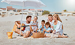 Beach picnic, guitar and big family on holiday for travel, relax and music entertainment in Portugal. Happy, enjoyment and cheerful man with instrument for children, mother and senior parents