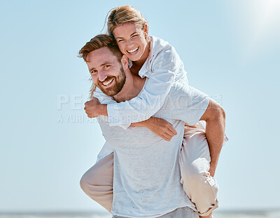 Buy stock photo Love, couple and piggy back on vacation, smile and playful together outdoor. Mockup, man and woman bonding, romantic and loving on holiday, summer and fun for relationship, quality time and portrait.