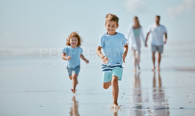 Buy stock photo Children, running and beach with a brother and sister together on the sand by the sea or ocean during summer. Family, travel and fun with sibling kids on the coast with their parents for holiday