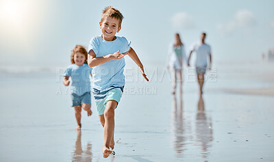 Buy stock photo Kids, running and beach with a family on holiday or summer vacation together outdoor in nature. Children, travel and tourism with a brother and sister racing on the sand by the sea or ocean