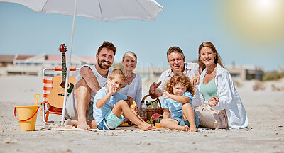 Buy stock photo Beach, portrait and happy big family on vacation, adventure or trip together for summer in Australia. Grandparents, parents and children on seaside holiday for travel, happiness and bonding by ocean.