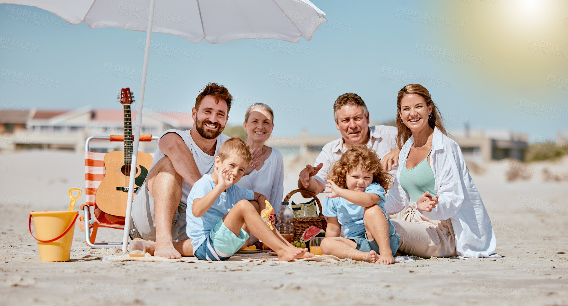 Buy stock photo Beach, portrait and happy big family on vacation, adventure or trip together for summer in Australia. Grandparents, parents and children on seaside holiday for travel, happiness and bonding by ocean.