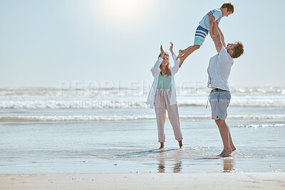 Buy stock photo Family, beach and summer vacation with mother, father and child together for fun, love and care while together in water while playing. Man, woman and kid playing airplane game on sea holiday