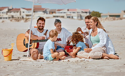 Buy stock photo Summer, picnic and family with guitar at beach enjoying holiday, weekend and vacation on Miami beach. Love, bonding and children with grandparents, mom and dad with musical entertainment outdoors