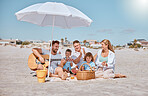 Beach, picnic or happy family love guitar music while bonding or relaxing on summer holiday vacation. Grandfather, dad and mother enjoying quality time with children siblings eating watermelon fruit