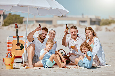 Buy stock photo Love, family and beach for vacation, relax and spend quality time on sand, bonding or loving together. Grandparents, mother and father cheers with children, seaside or travelling for holiday or drink