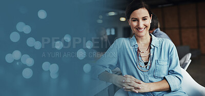 Buy stock photo Mock up, portrait or business woman with a happy smile, leadership or goals for job and career success. Face, bokeh banner or office employee with growth mindset, marketing knowledge or motivation