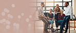 Business team, people talking and meeting for planning strategy, ideas and feedback while together in office with space for marketing or advertising. Diversity men and women discussion with bokeh