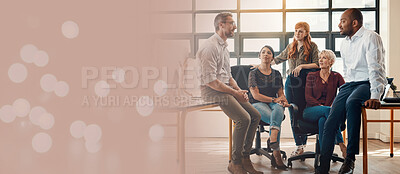 Buy stock photo Business team, people talking and meeting for planning strategy, ideas and feedback while together in office with space for marketing or advertising. Diversity men and women discussion with bokeh