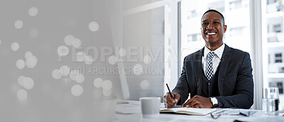 Buy stock photo Black businessman, notebook writing or planning office finance, company insurance policy or investment management. Portrait, smile or happy corporate worker, financial paper documents or bokeh mockup