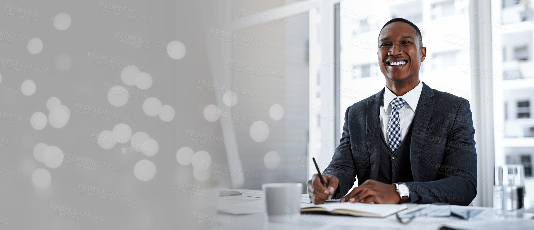 Buy stock photo Black businessman, notebook writing or planning office finance, company insurance policy or investment management. Portrait, smile or happy corporate worker, financial paper documents or bokeh mockup