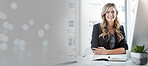 Business woman, face and smile for management, leadership or skills with bokeh mockup at the office. Portrait of happy female manager, HR or CEO smiling with vision for career ambition with mock up