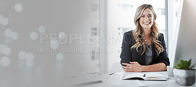 Buy stock photo Business woman, face and smile for management, leadership or skills with bokeh mockup at the office. Portrait of happy female manager, HR or CEO smiling with vision for career ambition with mock up