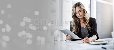 Buy stock photo Tablet, writing and mockup with a business woman at work in her office on innovation or research. Vision, mission and notebook with a female employee working alone on future company development