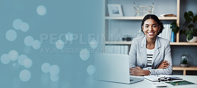 Buy stock photo Business woman, portrait and bokeh banner, mockup and advertising space in Atlanta. Happy black female worker at desk with mock up of stock marketing, financial planning or corporate growth in office