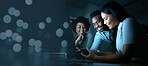 Collaboration, night and mockup with a business team working overtime together in their office in the evening. Teamwork, dark and dedication with a man and woman employee group at work in advertising
