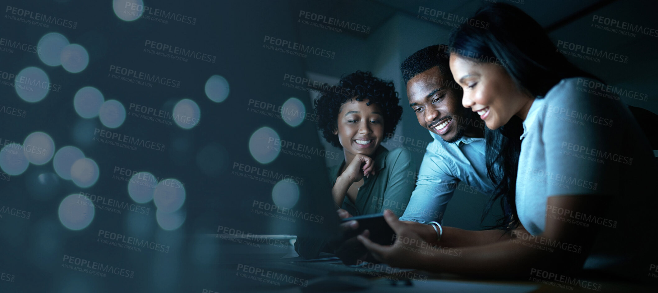 Buy stock photo Collaboration, night and mockup with a business team working overtime together in their office in the evening. Teamwork, dark and dedication with a man and woman employee group at work in advertising