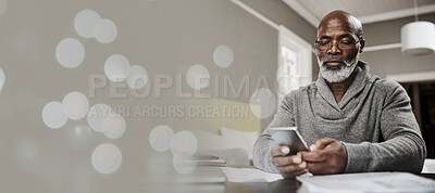 Buy stock photo Senior man, smartphone and typing for social media, connectivity or search internet. African American male, mature gentleman and phone for online reading, share pictures and communication with mockup