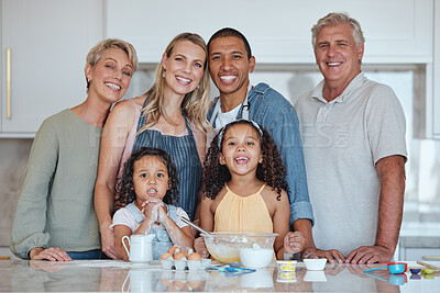 Buy stock photo Interracial, portrait or big family in a kitchen cooking food or baking cake with eggs, flour or milk at home. Bakers, mother and happy father love  bonding with children or grandparents on holiday