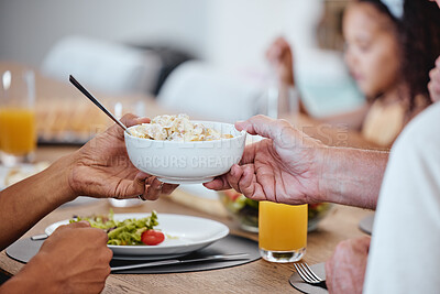 Buy stock photo Food, lunch and hands pass bowl with delicious pasta at home. Brunch, fine dining and family or people eating and sharing a tasty, gourmet and healthy meal on table together in house dinning room