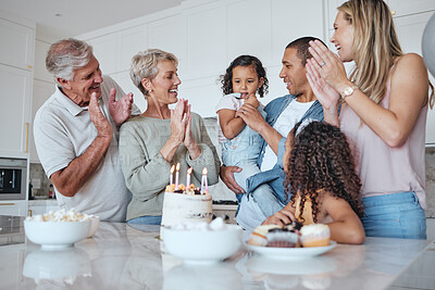 Buy stock photo Family, birthday and cake with singing and celebration, party and generations with happiness at family home. Parents, grandparents and children celebrate with dessert, fun and love together with care