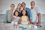 Happy family, learning cooking and portrait in kitchen in family home for love, support and teaching children breakfast recipe. Big family, parents and kids smile, relax quality time baking together
