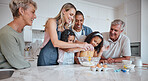 Happy family, children or bonding in fun baking in house or home kitchen and interracial father, mother or senior grandparents. Smile, happy or cooking kids with women, eggs or retirement elderly men