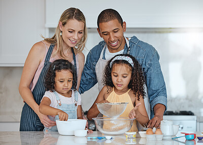 Buy stock photo Cooking, interracial and family with kids in kitchen learning breakfast recipe with flour. Bonding, wellness and mom with dad in family home teaching food preparation lesson to children.