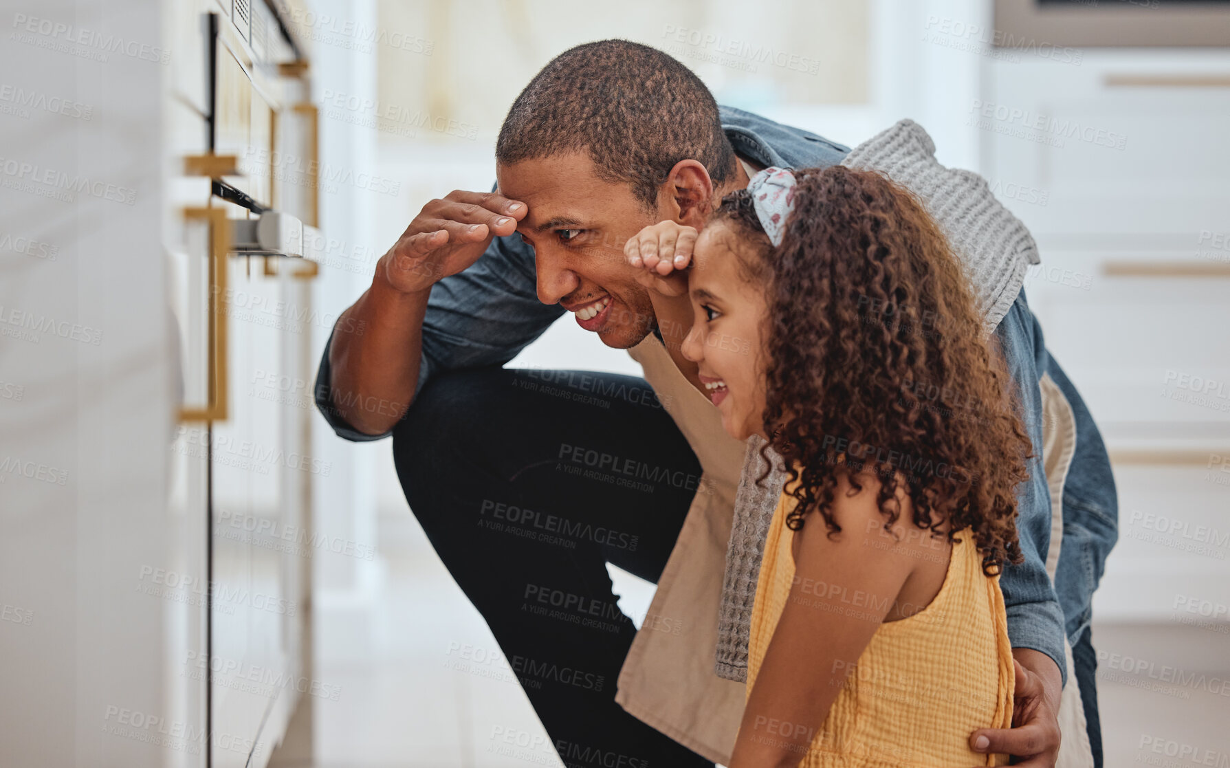 Buy stock photo Family, baking or cooking while at oven waiting for food in home kitchen with a father and daughter together for bonding, help and support for dinner or cookies. Black man and girl watching meal cook