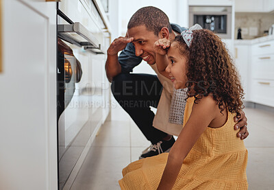 Buy stock photo Father, girl and kitchen by oven, baking and learning together for love, bonding or happiness in family home. Dad, female child and happy black family for smile, stove and cooking at house in Chicago