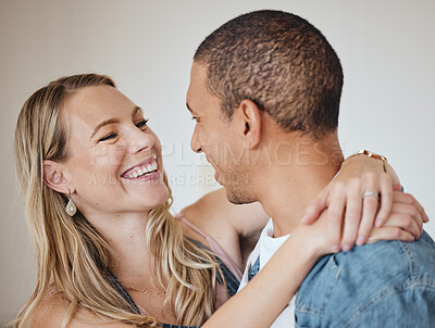 Buy stock photo Love, hug and smile with a diversity couple in studio on a gray background for romance or affection. Trust, safe and together with a man and woman hugging while bonding, dating or loving