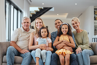 Buy stock photo Big family, smile and portrait of children, parents and grandparents together for love, care and support while on a living room couch in UK home. Smile of men, women and kids on sofa for bonding