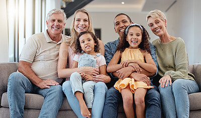 Buy stock photo Big family, portrait and relax on sofa in living room, smiling or bonding. Love, diversity or care of grandparents, father and mother with girls on couch, having fun or enjoying quality time together