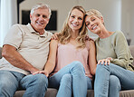 Support, relax and daughter with senior parents during a visit, family love and happy on the living room sofa. Smile, comfort and face portrait of a woman with elderly mother and father on the couch