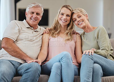 Buy stock photo Support, relax and daughter with senior parents during a visit, family love and happy on the living room sofa. Smile, comfort and face portrait of a woman with elderly mother and father on the couch