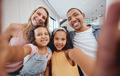 Buy stock photo Family selfie, bonding and children with parents, cheerful and playful smile on the living room sofa. Quality time, happy photo and girl kids with interracial mother and father for a home memory