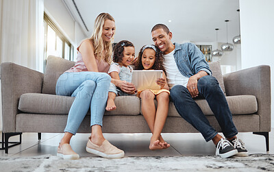 Buy stock photo Happy family, tablet and sofa with children for movie, games and online video watch together with love, care and home education in living room. Diversity parents with kids on digital technology app