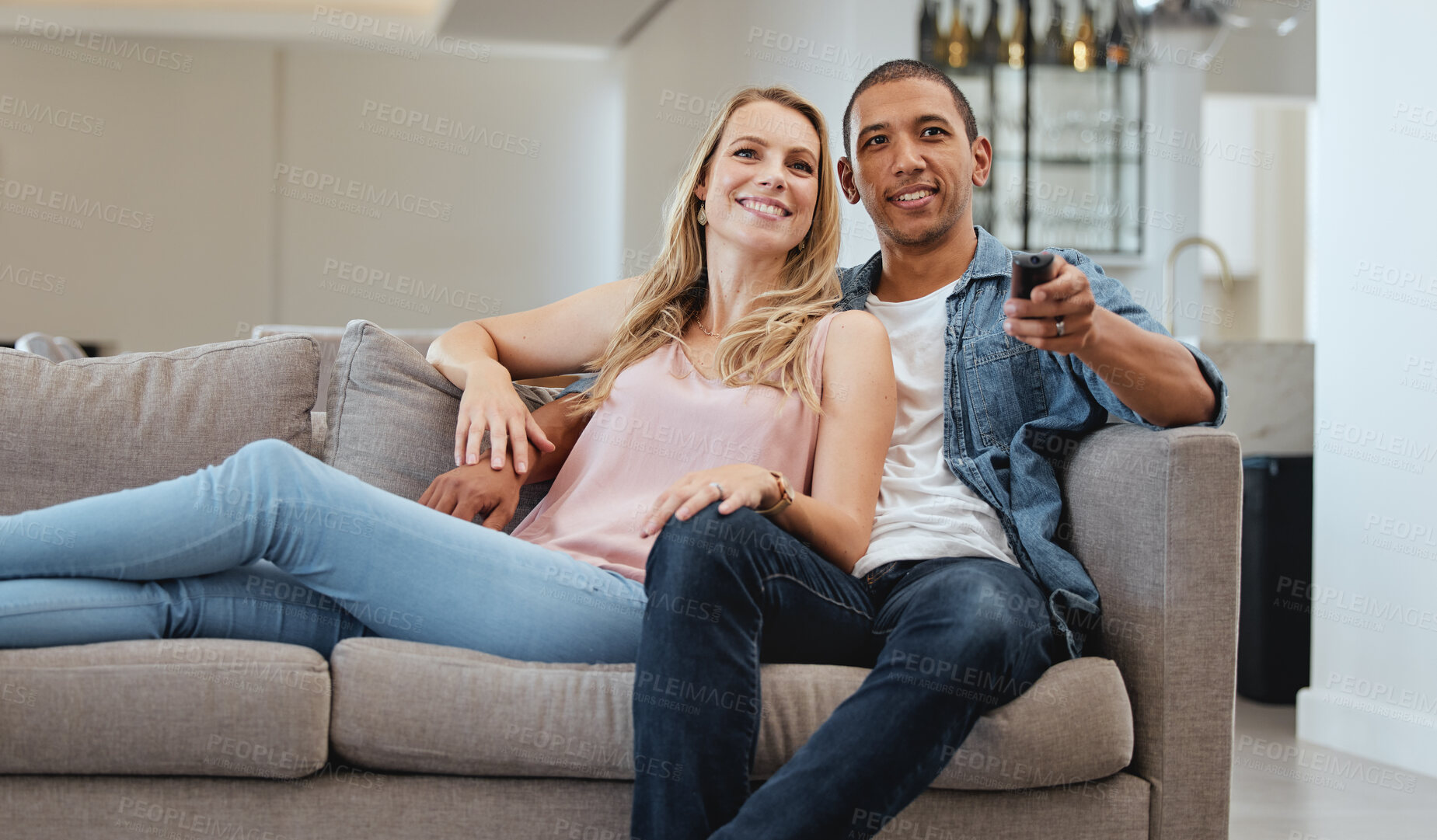 Buy stock photo Mature couple, living room and watching tv, news and movie, cable show or media broadcast on sofa for easy lifestyle. Happy people television subscription, home streaming and change tv show on remote