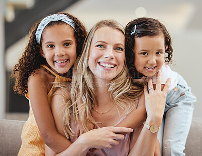 Buy stock photo Adoption, family and portrait of mother with kids in home, bonding and hugging. Love, care and mom with foster girls, embrace and smiling while enjoying quality time together on sofa in living room.