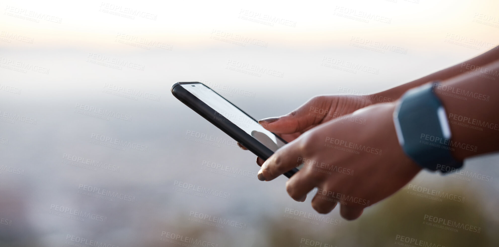 Buy stock photo Runner hands, phone and smartwatch for fitness, health or heart rate at training in urban, metro or park. Closeup, smartphone or communication on web app, social media or reading for wellness on rest