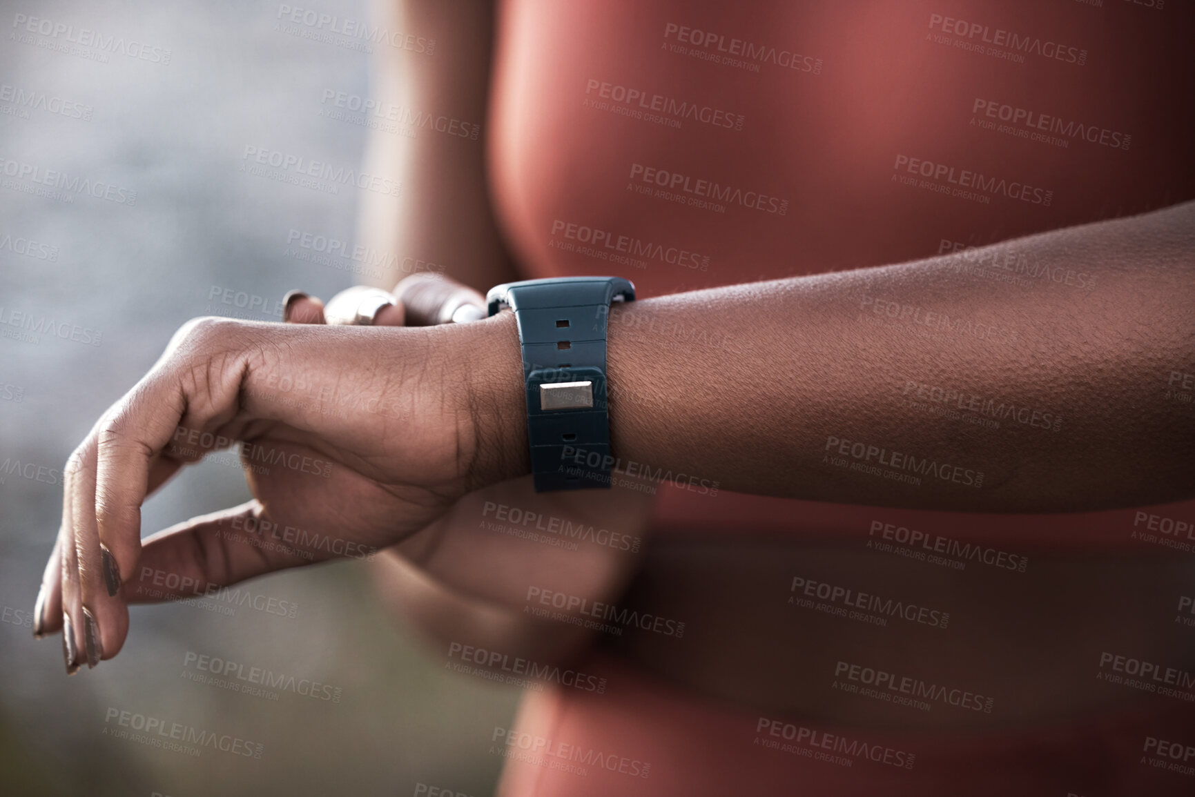 Buy stock photo Hands, fitness and black woman checking time for performance, workout or schedule for exercise. Arm and hand of African American woman monitoring healthy cardio on smart watch for sports training