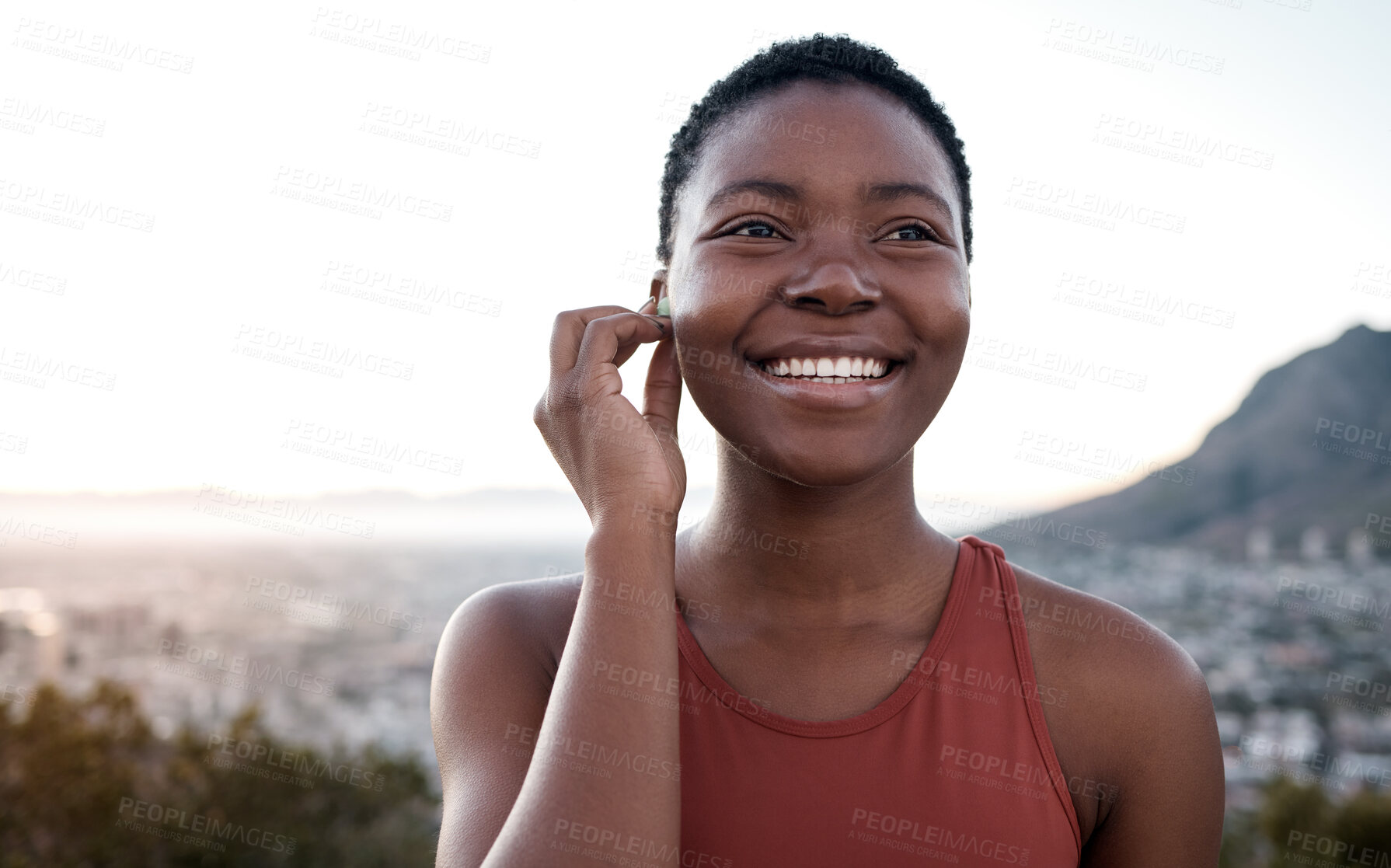 Buy stock photo Music, fitness and running with a sports black woman outdoor in nature for a workout or exercise. Health, wellness and training with a female runner or athlete outside for cardio or endurance