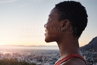 Buy stock photo Fitness, sunset and black woman in the city with freedom, zen and calm after an outdoor workout. Sports, training and African female athlete doing a wellness exercise in a urban town in the evening.